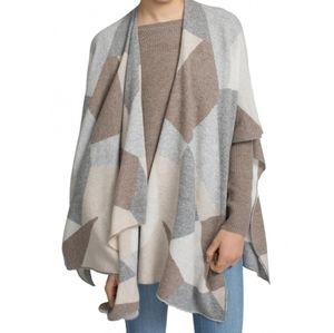 White + Warren 100% Cashmere Patchwork Poncho Wrap  Tan Grey Ivory